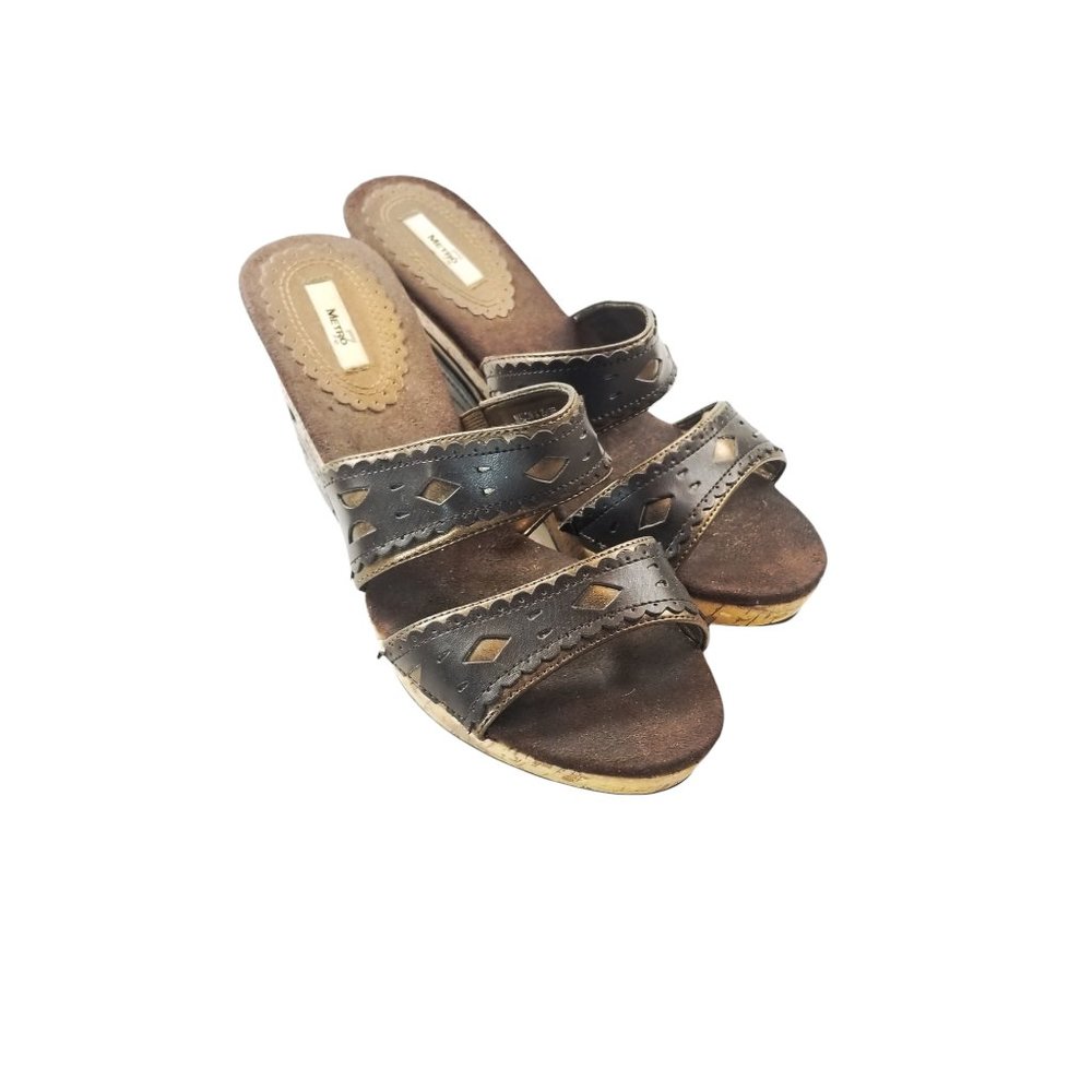 Metro 7 Brown Leather Wedge Sandals Shoes- Womens Sz 9